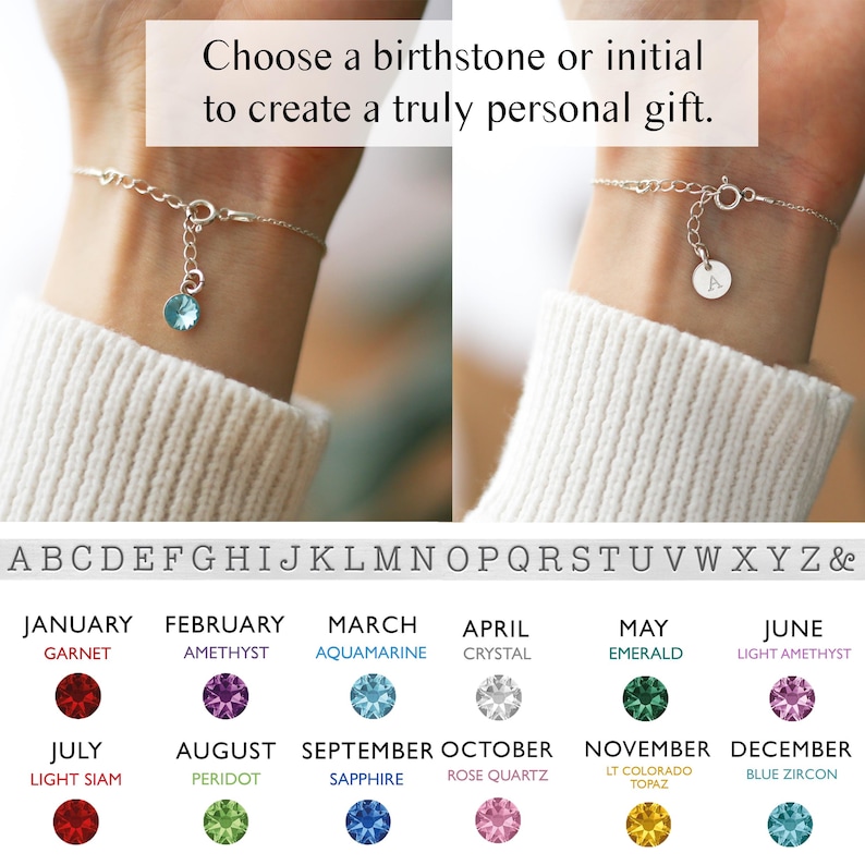 May include: Silver bracelet with a round charm and a blue gemstone. The image includes text that reads, "Choose a birthstone or initial to create a truly personal gift." A chart displays birthstones and initials.