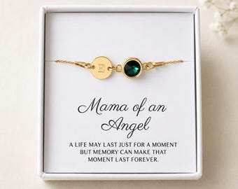 Mama of an Angel Bracelet – Personalised Miscarriage Keepsake with Birthstone and Initial Disc