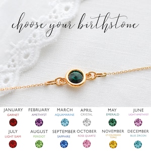May include: A gold-colored chain necklace with a central emerald-colored gemstone. The image includes a chart of birthstones, with the text "choose your birthstone" at the top. The chart lists gemstones for each month, including garnet, amethyst, and aquamarine.