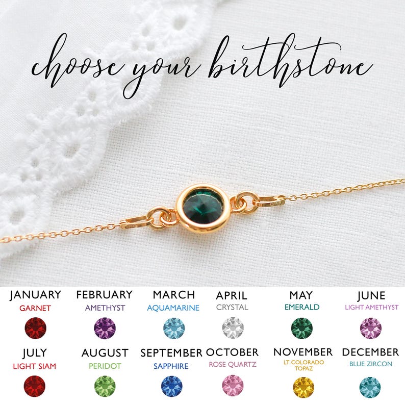 May include: A gold-colored chain necklace with a central emerald-colored gemstone. The image includes a chart of birthstones, with the text "choose your birthstone" at the top. The chart lists gemstones for each month, including garnet, amethyst, and aquamarine.