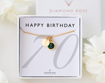 70th Birthday Necklace – Personalised Gift for Mum, Grandma or Friend, Birthstone & Initial Necklace, Sterling Silver