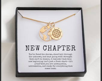 New Chapter-ketting – ketting reiskompaskaart, nieuw begin cadeau voor haar