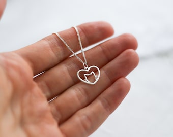 Personalised Cat Necklace, Sterling Silver Cat in Heart Charm, Cat Lover Gift for Her, Pet Jewellery, Cat Mum Gift Idea