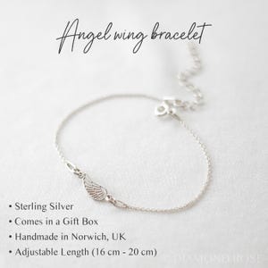 May include: A delicate sterling silver bracelet with an angel wing charm. The bracelet has an adjustable length of 6.3 to 7.9 inches. The text "Angel wing bracelet" is written in cursive at the top of the image.