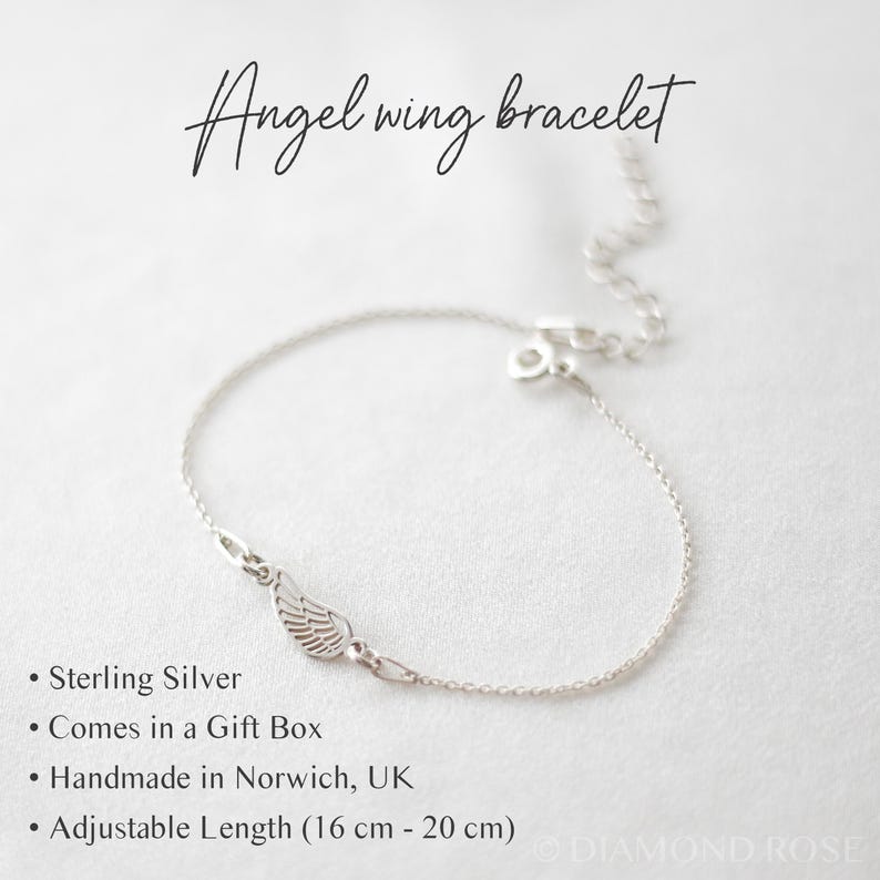 May include: A delicate sterling silver bracelet with an angel wing charm. The bracelet has an adjustable length of 6.3 to 7.9 inches. The text "Angel wing bracelet" is written in cursive at the top of the image.
