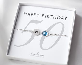 50th Birthday Bracelet – Sterling Silver with Initial and Birthstone Charm