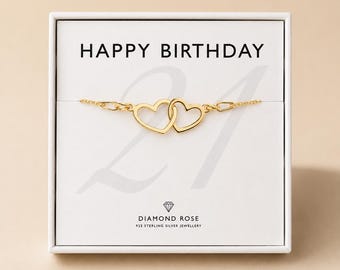 Cadeau de 21e anniversaire pour elle - Bracelet coeurs entrelacés - Cadeau pour soeur, fille ou meilleure amie