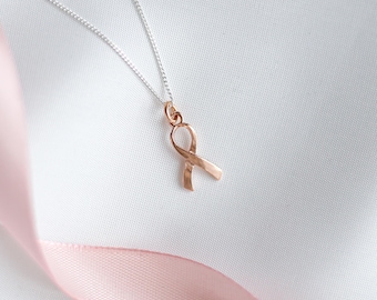 Pink Ribbon Necklace, Cancer Support Gift for Her, Pink Ribbon Charm, Rose Gold Charm, Breast Cancer Awareness Jewellery, Encouragement Gift