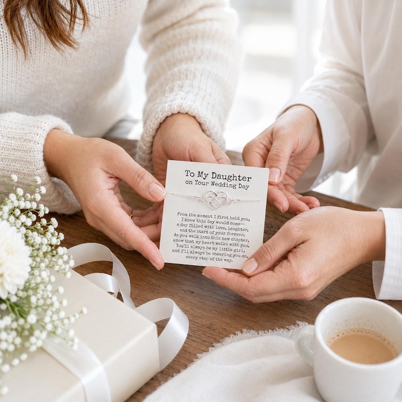 Puede incluir: Una pulsera de tono plateado con un delicado dije en forma de coraz&oacute;n sujeto a una tarjeta blanca. La tarjeta muestra el texto To My Daughter On Your Wedding Day seguido de un mensaje sentimental impreso en tinta negra, centrado en la pulsera.