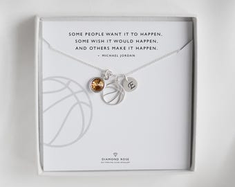 Basketball Necklace Gift for Player or Coach – Birthstone and Number Disc, Sterling Silver, Girls Basketball Jewelry, Team Gift