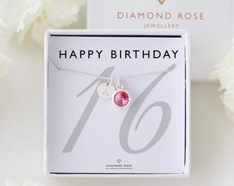 16th Birthday Necklace – Personalised Initial & Birthstone Necklace, Sweet 16 Gift for Daughter, Sister or Friend, Sterling Silver