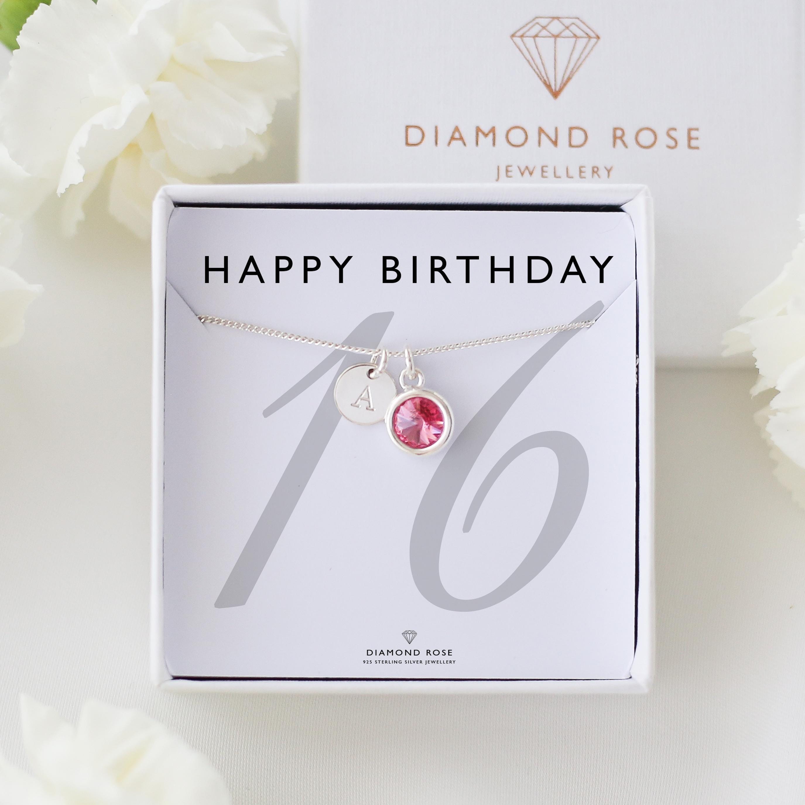 16th Birthday Necklace - Personalised Initial & Birthstone Necklace, Sweet 16 Gift for Daughter, Sister or Friend, Sterling Silver