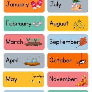 Poster dei mesi dell&#39;anno con arcobaleno pastello - Calendario stampabile da esporre in classe o come decorazione da parete per la scuola domestica (gennaio-dicembre)