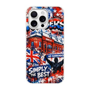 May include: A white smartphone case with a colorful graffiti design. The case features a red building with the word "IBROX" and the Union Jack flag. Text includes "Rangers", "No Surrender", and "Simply the Best".