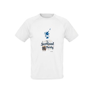 May include: White t-shirt featuring a blue graphic of the Scottish flag and the text "No Scotland Party". The design includes a map of Scotland and cartoon figures. The shirt is made of a lightweight material.