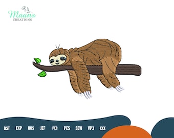 Diseño de bordado de perezoso del bosque, perezoso durmiendo en una rama (archivo de bordado a máquina), patrón de perezoso perezoso, descarga de archivos PES DST de animales de guardería