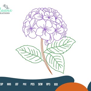 May include: An embroidery design file featuring a purple stitched hydrangea flower with green leaves and a brown stem. The text Maans Creations appears in the top left corner, and the file formats DST, EXP, HUS, JEF, PEC, PES, SEW, VP3, XXX are listed.