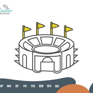 May include: Line art illustration of a stadium with yellow flags on top. The stadium is a circular structure with a series of windows and a central opening. The image includes the text "Maans Creations" in the upper left corner.