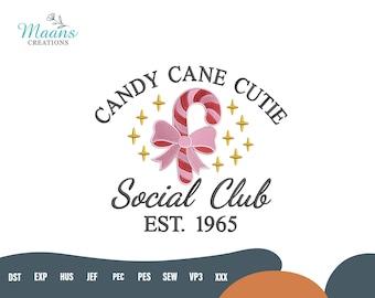 Bordado Candy Cane Cutie Social Club, diseño de bordado a máquina navideño, patrón de bordado navideño, bonito archivo de bordado navideño para regalo.