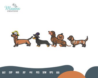 Diseño de bordado de perro salchicha de Halloween, archivo de bordado a máquina de perro salchicha adorable, patrón de bordado de punto de perro espeluznante, descarga instantánea