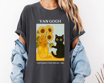 Camiseta de gato Van Gogh Comfort Colors®, camiseta de cuello redondo con gato negro, camiseta con lirios de Van Gogh, camiseta divertida con gato, camisetas para mujer, idea de regalo divertida