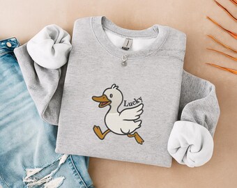 Lucky Duck Embroidered Crewneck Sweatshirt, Funny Goose Sweatshirt, Cute Fall Pullover, Cozy Animal Shirt, Whimsical Embroidered Duck Gift