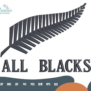 May include: A black fern leaf design with the text "ALL BLACKS" in a bold, serif font. The design is set against a white background, with a teal and orange shape at the bottom. The logo "Maans Creations" is in the top left corner.