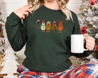 Crazy Chicken Christmas Shirt, Funny Chicken Lights Crewneck Tee, Farm Animal Christmas T-Shirt, Chicken Lover Gift, Farmer Holiday Shirt