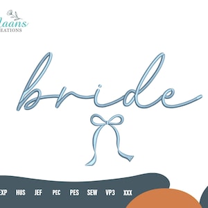 Puede incluir: Texto en cursiva azul claro que dice "bride" con un lazo debajo, renderizado en 3D. El logotipo "Maans Creations" está en la esquina superior izquierda. Abreviaturas de tipos de archivo en la parte inferior.