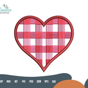 May include: An embroidered heart design with a red outline and a checkered pattern in shades of pink and red. The design is on a white background, with the text "Maans Creations" in the upper left corner.
