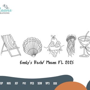 Könnte beinhalten: Strichzeichnung mit Strandmotiven: Liegestuhl, Muschel, Bikini, Qualle und Cocktailglas. Der Text "Emily's Bach/ Miami FL 2025" ist enthalten. Das Bild hat ein Strandthema.