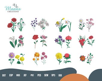 May include: An assortment of colorful floral embroidery designs. The designs include red carnations, white snowdrops, purple and white flowers, daffodils, daisies, pink flowers, lily of the valley, pink roses, a red rose, purple flowers, red flowers, yellow and purple flowers, yellow flowers, orange and pink flowers, yellow and red flowers, and red flowers.
