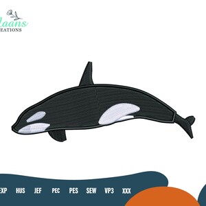 May include: An embroidery design of an orca whale featuring a black body with white patches near the eye and on the side. The design includes the text Maans Creations at the top and a list of file formats including DST, EXP, HUS, JEF, PEC, PES, SEW, VP3, and XXX at the bottom.