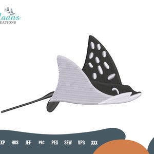 May include: An embroidered stingray design in black, white, and grey. The stingray has a distinctive shape with a long tail and a body featuring a pattern of white spots on a black background. The design includes the text "Maans Creations".