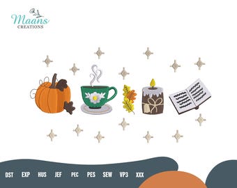 Autumn Icons Embroidery Designs, Pumpkin and Books Machine Embroidery Pattern, Cozy Fall Book Lover Design, Autumn Bookish Digital File
