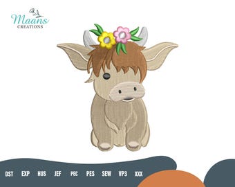 Baby Highland Cow Machine Embroidery Design, Flower Crown Highland Cow Embroidery File, Floral Farm Animal PES DST File, Instant Download