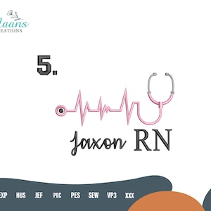Puede incluir: Un diseño de línea de latido cardíaco rosa y estetoscopio con el nombre "Jaxon RN" en escritura negra. El número "5" está encima del diseño. El logotipo "Maans Creations" está en la esquina superior izquierda.