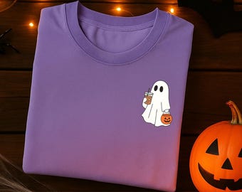 Comfort Colors® Ghost Coffee Shirt, СUte Little Ghost Iced Coffee T-Shirt, Ghost Coffee Crewneck, Boo Ghost Shirt, Halloween Coffee Lovers