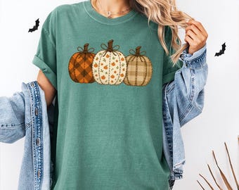 Comfort Colors® Fall Pumpkin T-Shirt, Patchwork Pumpkin Graphic Crewneck Tee, Cute Autumn Shirt, Harvest Outfit, Pumpkin Patch Top for Women