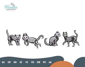 Skeleton Black Cat Embroidery Design, Halloween Cat Stitch Files, Spooky Embroidery Patterns for Cat Lovers, Instant Download, 70% Off Sale