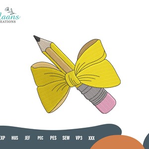 May include: A yellow pencil with a yellow bow, a pink eraser, and a gray pencil tip. The image includes the text "Maans Creations" in the upper left corner. The bottom of the image has file type abbreviations.