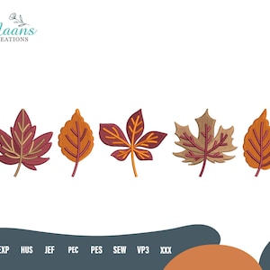 May include: Five embroidered fall leaves in shades of red, orange, and brown. Each leaf has detailed stitching and a gold outline. The leaves are arranged horizontally against a white background. The text "Maans Creations" is in the upper left corner.