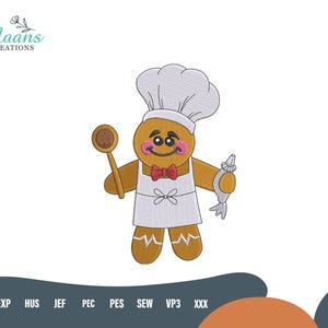 May include: A gingerbread man wearing a chef's hat, apron, and bow tie, holding a wooden spoon and a pastry bag. The design is in shades of brown, white, and red, with the text "Maans Creations" in the upper left corner.
