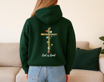 Gott ist guter christlicher Hoodie, Bibel-Vers-Hoodie mit Wörter, Blumenkreuz-Glaube-Sweatshirt, religiöses Kleid, spirituelles Geschenk für Gläubige