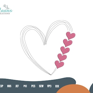 May include: An embroidered heart design with a series of pink hearts cascading down the right side. The heart is outlined in black thread, with the brand name "Maans Creations" in teal at the top left.