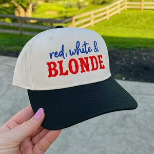 Red White Blonde Trucker Hat, Red White and Brunette Hat, 4th of July Embroidered Hat, Patriotic Trendy Cap, Custom America Hat for Women