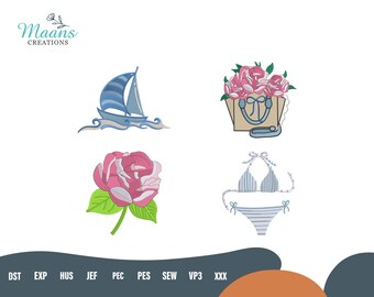 Desenho de bordado de verão da Hortênsia da Costa Leste, arquivo de bordado à máquina costeira, ponto inspirado em biquíni de veleiro em Cape Cod, download instantâneo