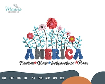 Diseño de bordado de flores silvestres de América, archivo de bordado a máquina del 4 de julio, patrón del Día de la Independencia de 1776, puntada floral patriótica, descarga
