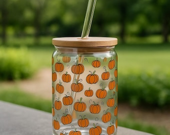 Fall Pumpkin Glass Can Cup, 16oz Iced Coffee Mug with Lid and Straw, Autumn Drinkware, Cute Fall Season Gift, Pumpkin Lover Glass Coffee Cup