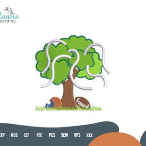 May include: An embroidery design featuring a tree with green leaves and a brown trunk. A football helmet and a football are at the base of the tree. The design includes the text "Maans Creations" in the upper left corner.